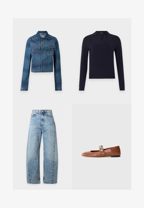 Blå denimjakke med en cropped design, to brystlommer, knaplukning foran, og subtile tonale mønstrede accenter over stoffet.; Marineblå langærmet sweater med en delt V-udskæring og tætsiddende manchetter, vist på en ensfarvet lys grå baggrund.; Lysblå cowboybukser med høj talje, vide ben, knapper foran, lynlås og synlige forlommer.; Brune læderballetsko med spidse tæer og udskæring foran. Har en rem med en metallisk spænde og sort sål.