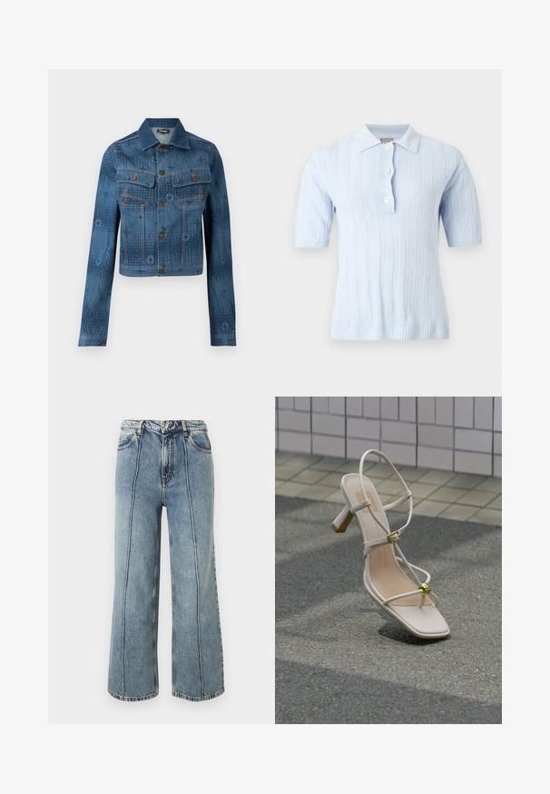 Blå denimjakke med en cropped design, to brystlommer, knaplukning foran, og subtile tonale mønstrede accenter over stoffet.; Lyseblå kortærmet strikket poloshirt med lodrette ribstriber og tre hvide knapper på frontstrop.; Blå højtaljede cowboybukser med vide ben, forreste knap og lynlås, sidelommer og synlige lodrette sømme på hvert ben.; Beige sandal med hæl og stropper, guldspænde og dekorativ guldkugle, på brostensbelagt underlag nær flisebelagt væg.