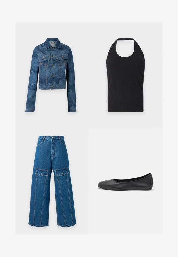 Blauwe spijkerjack met een cropped ontwerp, twee borstzakken, knoopsluiting aan de voorkant en subtiele tonale patroonaccenten over de stof.; CLOSED NECK HOLDER - Top - black; Lichte blauwe denim broek met wijd uitlopende pijpen, hoge taille, zichtbare stiksels en twee met knopen sluitende flapzakken aan elke kant.; Zwarte leren ballerina met een ronde neus, gladde textuur, minimale stikdetails en een flexibele zoolontwerp.