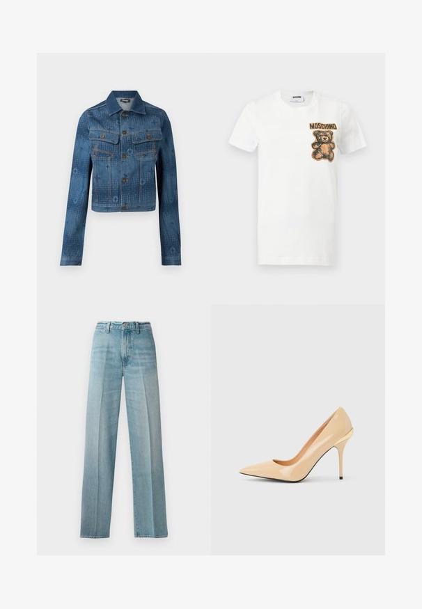 Blauwe spijkerjack met een cropped ontwerp, twee borstzakken, knoopsluiting aan de voorkant en subtiele tonale patroonaccenten over de stof.; Witte T-shirt met korte mouwen, met een teddybeerafbeelding en de tekst "MOSCHINO" in bruin op de bovenste linkerkant van de borst.; Lichtblauwe denimjeans met een hoge taille, rechte pijpen, subtiele vervaging, koperen klinknagels en een klassieke knoopsluiting aan de voorkant.; Beige lakleren pump met hoge hak, spitse neus en slanke stilettohak, met een klein gouden accent aan de achterkant.