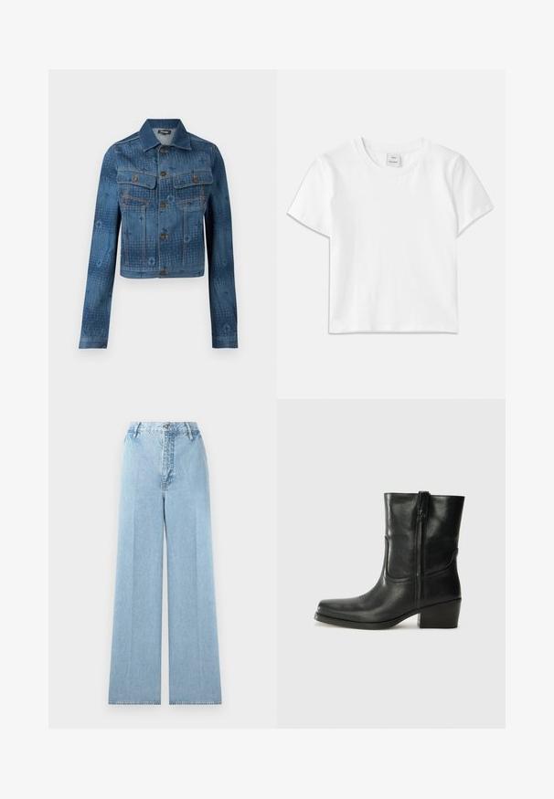 Blå denimjakke med en cropped design, to brystlommer, knaplukning foran, og subtile tonale mønstrede accenter over stoffet.; Hvid bomulds-t-shirt med rund hals, korte ærmer og lige kant. Mærke med teksten "Won Hundred" placeret i midten af halsudskæringen.; Lyseblå bredbenede jeans lavet af denim med høj talje, som har fem bæltestropper, en frontknaplukning og stikninger.; Sort læder ankelstøvle med rundt tå, blokhæl, lynlås i siden og stikninger på vampsiden. Glat tekstur, klassisk design.