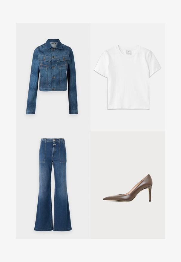 Blaue Jeansjacke mit einem verkürzten Design, zwei Brusttaschen, Knopfverschluss und subtilen, tonalen Musterelementen auf dem Stoff.; Weißes Baumwoll-T-Shirt mit Rundhalsausschnitt, kurzen Ärmeln und geradem Saum. Etikett mit der Aufschrift "Won Hundred" an der Mitte des Ausschnitts.; Hochgeschnittene Schlagjeans aus mittelblauem Denim mit einem verblassten Finish. Verfügt über aufgesetzte Taschen und einen Knopfverschluss. Saubere Säume.; Brauner Leder-Pumps mit spitzer Spitze, schlankem Stiletto-Absatz und glatter Oberfläche auf hellem Hintergrund.