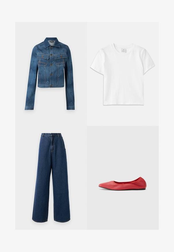 Blauwe spijkerjack met een cropped ontwerp, twee borstzakken, knoopsluiting aan de voorkant en subtiele tonale patroonaccenten over de stof.; Witte katoenen t-shirt met een ronde hals, korte mouwen en een rechte zoom. Label met "Won Hundred" aan de voorkant van de halslijn.; Hoge taille wijde jeans in donkerblauwe denim met een sluiting aan de voorkant met knoop en rits, riemlussen en zijzakken.; Filippa K REY FLATS - Ballerina's - bright red