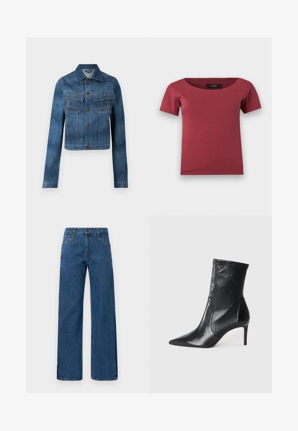 Blauwe spijkerjack met een cropped ontwerp, twee borstzakken, knoopsluiting aan de voorkant en subtiele tonale patroonaccenten over de stof.; Donkerroze dames top met korte mouwen, brede ronde halslijn en nauwsluitende pasvorm, platliggend op een witte achtergrond.; Blauwe high-waisted wijdijjeans met voor- en achterzakken, knoopsluiting en zichtbare stiksels op een witte achtergrond.; Zwarte enkelboots van soepel leer, met een spitse neus, een aangesloten schacht en een slanke hoge hak. Minimalistisch ontwerp zonder zichtbare hardware.