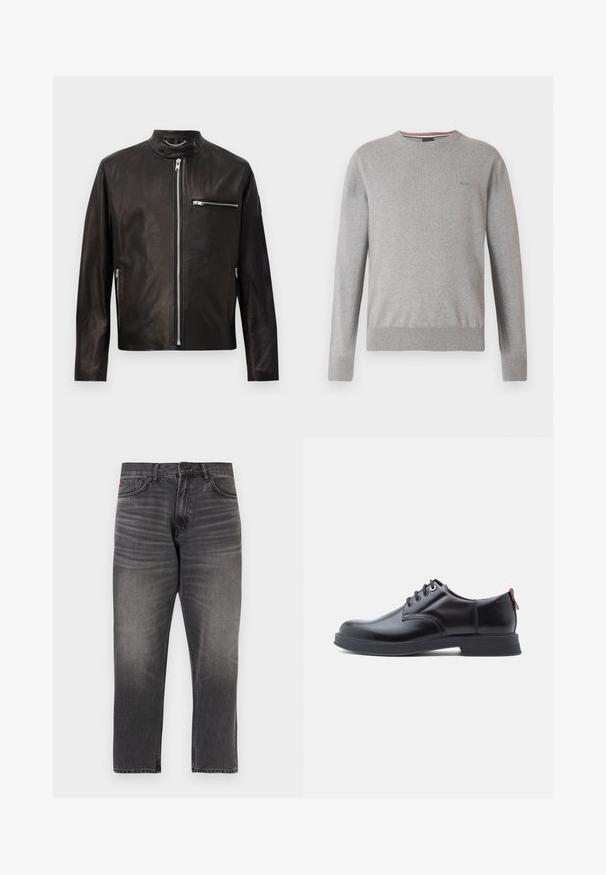 Schwarze Lederjacke mit Reißverschluss vorne, Reißverschluss-Brust- und Seitentaschen sowie einem Druckknopfkragen mit Kettendetail.; Grauer Pullover mit Rundhalsausschnitt, langen Ärmeln, gerippten Bündchen und Saum, mit einem dezenten Logo auf der Brust und gestreiften Akzenten am Halsausschnitt.; Graue Denim-Jeans mit geradem Schnitt, ausgestattet mit fünf Taschen, Reißverschluss und dezenten Abnutzungsspuren auf der Vorderseite. Genähter Saum und Markenzeichen-Detail.; Schwarze Leder-Schnürschuhe mit glatter Textur, rundem Zehenbereich und dezenten Ziernähten. Mit einem roten Laschenband an der Ferse.