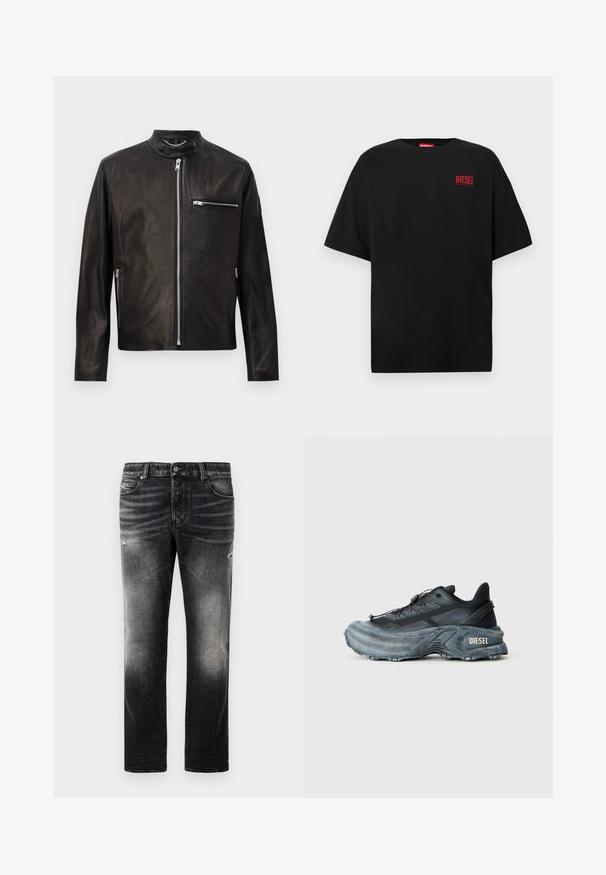 Chaqueta de cuero negra con cierre frontal, bolsillos con cremallera en el pecho y los lados, y un cuello con botón a presión con detalle de cadena.; Camiseta negra de algodón, con mangas cortas, cuello redondo y un logo rojo de "DIESEL" en la zona izquierda del pecho.; Jeans negros con acabado desgastado y toques rasgados, diseño estándar de cinco bolsillos y cierre con cremallera. Elaborados en tela de denim.; Zapatilla Diesel en negro y gris con suela gruesa, cierre de cordón y diseño texturizado sobre un fondo liso de color gris claro.
