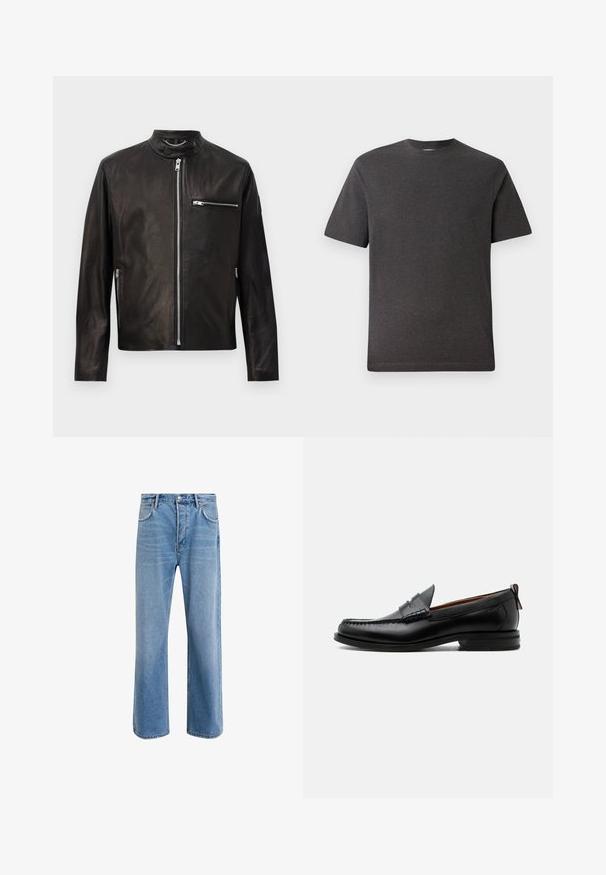Sort læderjakke med lynlås foran, lynlåslommer på brystet og siderne, samt en trykknapkrave med kædedetalje.; Grå kortærmet t-shirt lavet af et blødt, let stof med rund hals og minimale sømme. Velegnet til afslappet brug.; Lyseblå denim jeans med lige ben-design, fem lommer, knaplukning, minimal falming og kontraststingdetaljer.; Sort læder herre loafer med moc-tå syning, penny strop, struktureret krave og lav stablet hæl på hvid baggrund.