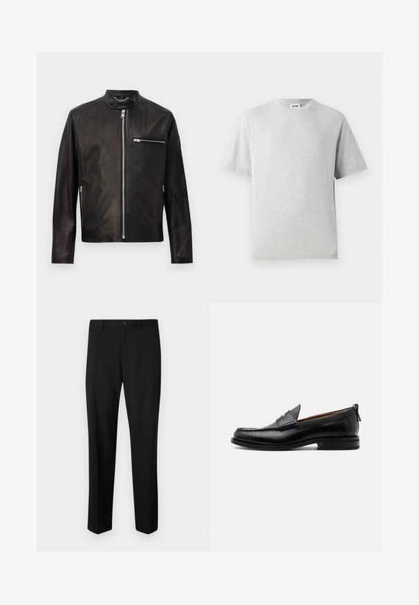 Chaqueta de cuero negra con cierre frontal, bolsillos con cremallera en el pecho y los lados, y un cuello con botón a presión con detalle de cadena.; Camiseta gris de manga corta hecha de tela suave. Presenta un cuello redondo, un corte relajado y no tiene patrones ni logotipos. Textura suave en toda la prenda.; Pantalones de traje negros con frente plano, cintura estándar y piernas rectas. Hechos de una tela suave, con un cierre de botón único.; Mocasín de hombre de piel negra con costura moc toe, tira penny, cuello texturizado y tacón bajo apilado sobre fondo blanco.