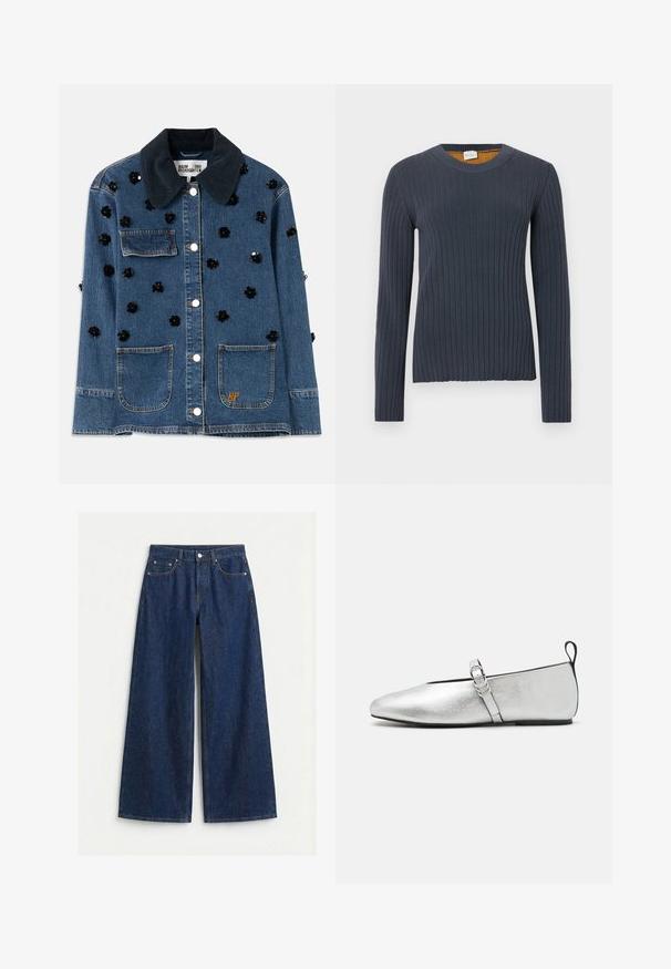 Jeansjakke med en mørk kordfløjlskrave, prydet med spredte sorte blomsterdekorationer og to frontlommer. Guld "BP" logo accent.; Langærmet ribstrikket sweater i marineblå med rund hals. Har en tekstureret finish og kontrasterende sennepsgul indvendig ved halsen.; Mørkeblå vidde ben denimjeans med forreste knap og lynlås, bæltestropper og fem-lomme design på en ensfarvet lys baggrund.; rag & bone SPIRE MARY JANE - Ballerinasko m/ rem - silver