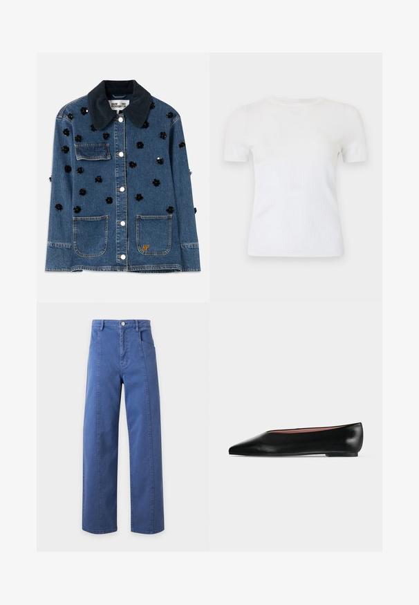 Jeansjacke mit einem dunklen Samtkragen, verziert mit verstreuten schwarzen Blumenapplikationen und zwei vorderen Taschen. Akzent mit goldenem "BP"-Logo.; Weißes kurzärmeliges T-Shirt aus Rippstrickmaterial. Verfügt über einen Rundhalsausschnitt und eine figurbetonte Silhouette. Durchgehend glatte Textur.; Blaue Jeans mit hoher Taille und weitem Bein, mit vorderen Nähten, Gürtelschlaufen, Vordertaschen und Knopfverschluss am Bund.; Schwarzer flacher Damenleder-Schuh mit spitzer Kappe und niedrigem Absatz, von der Seite auf einfarbigem hellgrauem Hintergrund gezeigt.