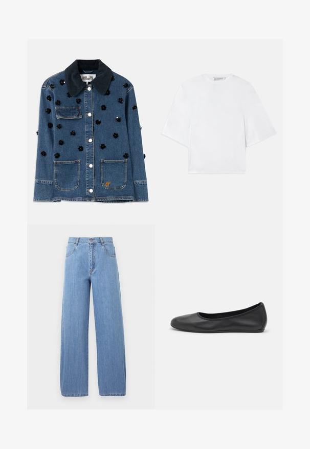 Jeansjasje met een donkere corduroy kraag, voorzien van verspreide zwarte bloemenversieringen en twee voorzakken. Gouden "BP" logo accent.; Witte, losse korte mouwen shirt met brede mouwen en een ronde halslijn, gelabeld met Viktor&Rolf aan de binnenkant van de kraag.; Lichtblauwe wijde jeans van denim, met een hoge taille, steekzakken en subtiele stiksels op de naden.; Zwarte leren ballerina met een ronde neus, gladde textuur, minimale stikdetails en een flexibele zoolontwerp.