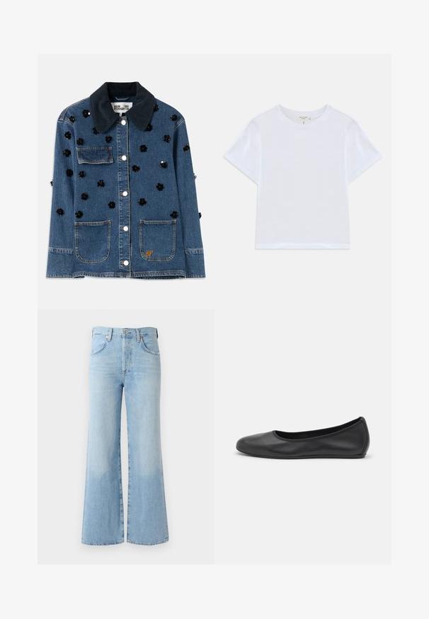 Jeansjakke med en mørk kordfløjlskrave, prydet med spredte sorte blomsterdekorationer og to frontlommer. Guld "BP" logo accent.; Hvid cropped t-shirt lavet af blødt bomuld, med rund hals og korte ærmer og en let løs pasform. Ingen mønstre eller accenter.; Lyseblå denim flare jeans med høj talje, fem lommer og subtil falming nær kanten. Har en standard talje og knaplukning.; Sort læderballetsko med rund tå, glat tekstur, minimal syning og et fleksibelt såldesign.