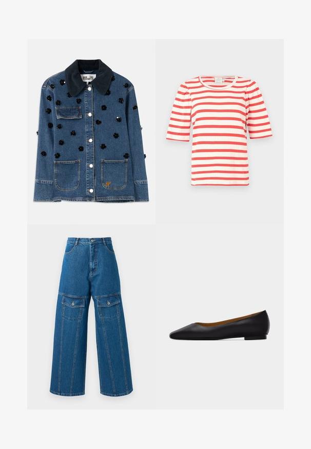 Jeansjasje met een donkere corduroy kraag, voorzien van verspreide zwarte bloemenversieringen en twee voorzakken. Gouden "BP" logo accent.; Rood-witte gestreepte korte mouw top met een ribbelstructuur en ronde halslijn. Poefmouwen voegen volume toe aan het ontwerp.; Lichte blauwe denim broek met wijd uitlopende pijpen, hoge taille, zichtbare stiksels en twee met knopen sluitende flapzakken aan elke kant.; Zwarte leren puntschoen met lage hak en gladde afwerking, zijaanzicht op een lichtgrijze achtergrond.