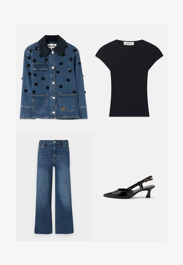 Veste en denim avec un col en velours côtelé foncé, ornée de petites embellissements floraux noirs éparpillés, et deux poches avant. Accent avec le logo doré "BP".; Haut noir à manches courtes en tissu doux, avec un col rond et une coupe ajustée, ornée de légers accents d'épaule. Étiquette visible.; Jean denim à jambes larges, teinte bleu moyen, doté d'une fermeture par bouton et glissière, cinq poches et des détails de couture subtils.; Chaussure slingback en cuir verni noir à petit talon, bout pointu et bride réglable avec boucle dorée sur fond blanc.
