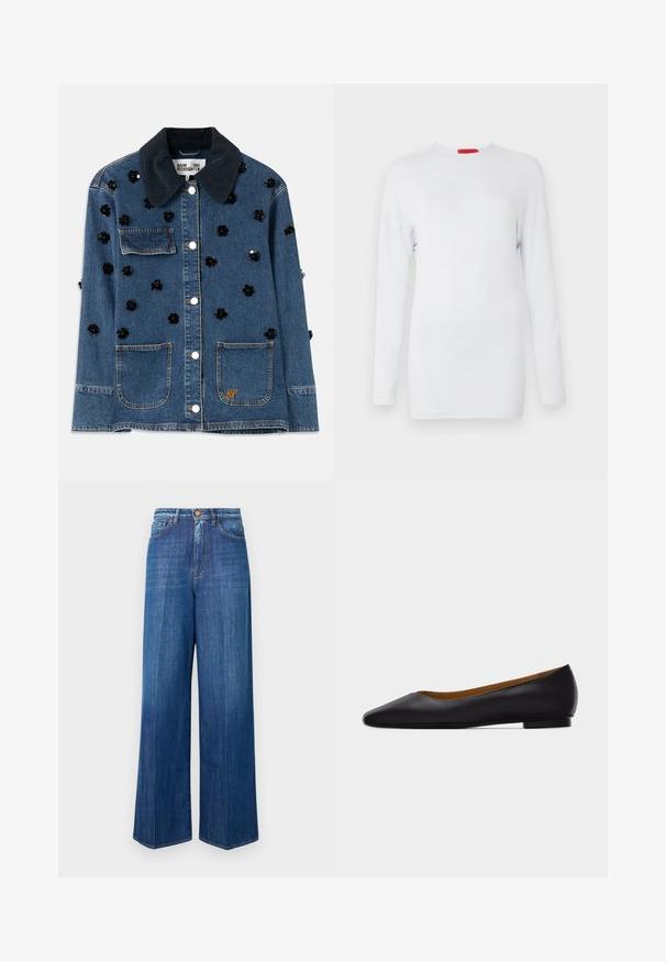 Jeansjakke med en mørk kordfløjlskrave, prydet med spredte sorte blomsterdekorationer og to frontlommer. Guld "BP" logo accent.; Langærmet hvid top lavet af blødt stof, med rund halsudskæring og skrå sømdetaljer for et tekstureret udtryk. Rød mærkebadge.; Bredde ben denimjeans i mørkeblå, med høj talje, knaplukning og klassisk syning. Glat tekstur med en let falming.; Sort læder flad sko med spids tå, lav hæl og glat finish, vist fra siden på en lysegrå baggrund.