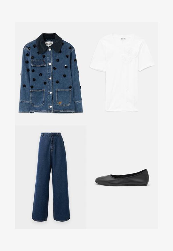 Jeansjakke med en mørk kordfløjlskrave, prydet med spredte sorte blomsterdekorationer og to frontlommer. Guld "BP" logo accent.; Hvid kortærmet t-shirt lavet af bomuld med tre teksturerede blomst-applikationer på forsiden, med en rund halsudskæring og en afslappet pasform.; Højtaljede brede jeans i mørkeblå denim med frontknap og lynlås, bæltestropper og sidelommer.; Sort læderballetsko med rund tå, glat tekstur, minimal syning og et fleksibelt såldesign.