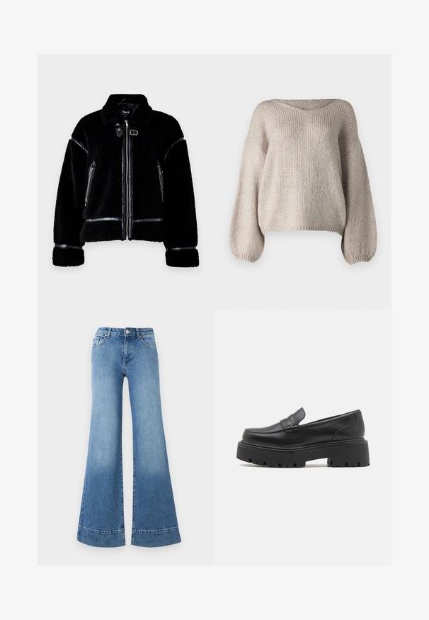 Veste en shearling noir avec fermeture éclair, accents en simili cuir, poches zippées et col. Tissu doux texturé et coupe ajustée.; Pull en tricot beige avec un large col en V, des manches longues bouffantes et un ourlet court. La texture est épaisse et douce, avec un design simple.; Jeans en denim bleu clair évasés avec une taille haute, des jambes larges et un léger délavage. Comprend un design classique à cinq poches et une fermeture à bouton en métal.; Mocassins en cuir noir avec une semelle en caoutchouc épaisse et basse, des détails cousus sur le dessus et une texture lisse.