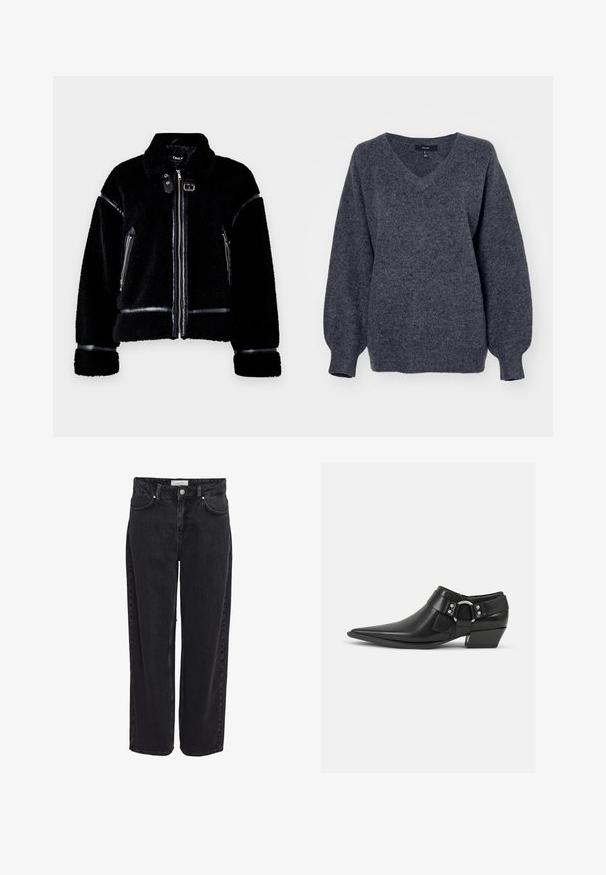 Veste en shearling noir avec fermeture éclair, accents en simili cuir, poches zippées et col. Tissu doux texturé et coupe ajustée.; Pull gris en V en matière tricotée douce et texturée. Présente des manches longues légèrement bouffantes et une coupe décontractée.; Jean en denim noir taille haute, coupe large, avec cinq poches et fermeture éclair. Texture lisse avec détails de couture minimaux visibles.; Bottines en cuir noir avec un bout pointu, présentant une sangle en cuir à l'avant et un détail de boucle en argent, ainsi qu'un petit talon carré.