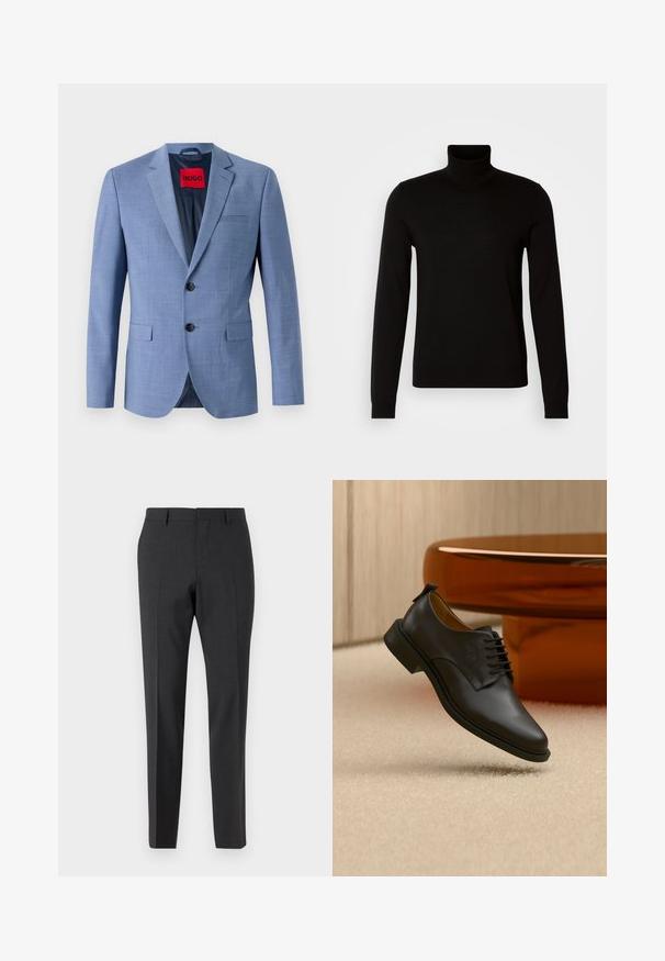 Blazer azul claro hecho de tejido texturizado, con dos botones negros, un bolsillo en el pecho y una etiqueta de marca roja en el interior del cuello.; Suéter negro de cuello alto confeccionado en un tejido de punto fino, con mangas largas y una silueta ajustada. Textura suave con puños acanalados.; Pantalones tailored en gris oscuro con una textura suave, de corte ajustado, frente plano y pasadores para cinturón, diseñados para atuendos formales o de negocios.; Zapato de vestir para hombre de cuero negro con cordones flotando sobre una alfombra beige, con una mesa de café redonda marrón en el fondo.