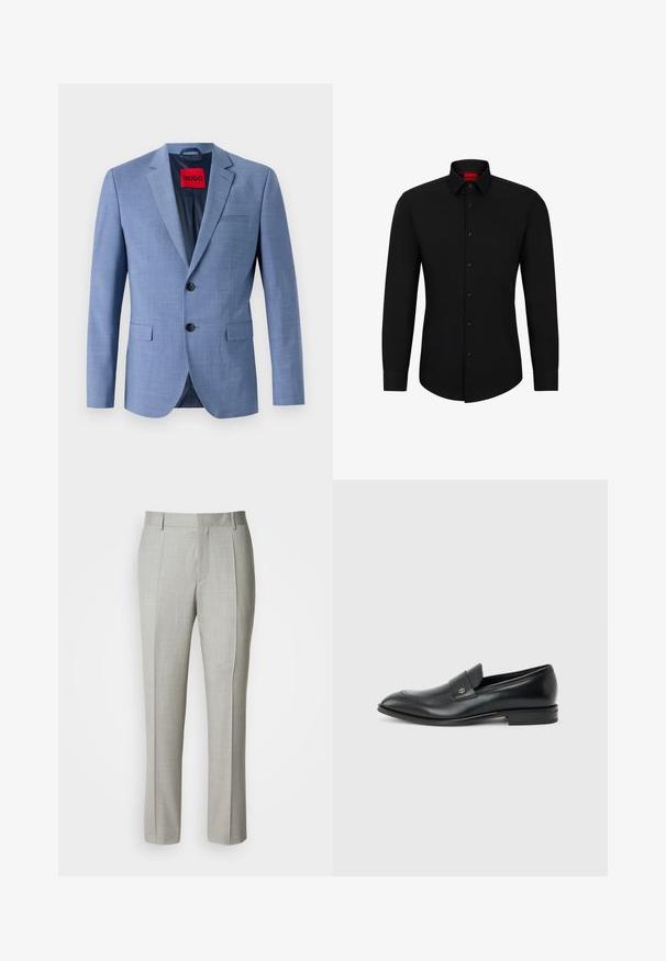Blazer azul claro hecho de tejido texturizado, con dos botones negros, un bolsillo en el pecho y una etiqueta de marca roja en el interior del cuello.; Camisa negra de manga larga con botón frontal, cuello clásico y dobladillo redondeado; cuenta con botones negros y un logotipo rojo en el interior del cuello.; Pantalones de sastre gris claro hechos de una tela suave, con corte recto, pliegues delanteros y cintura clásica con trabillas para el cinturón.; Mocasín de cuero negro para hombre con tacón bajo, punta redondeada y pequeño logo metálico en la correa, mostrado de perfil sobre un fondo liso.