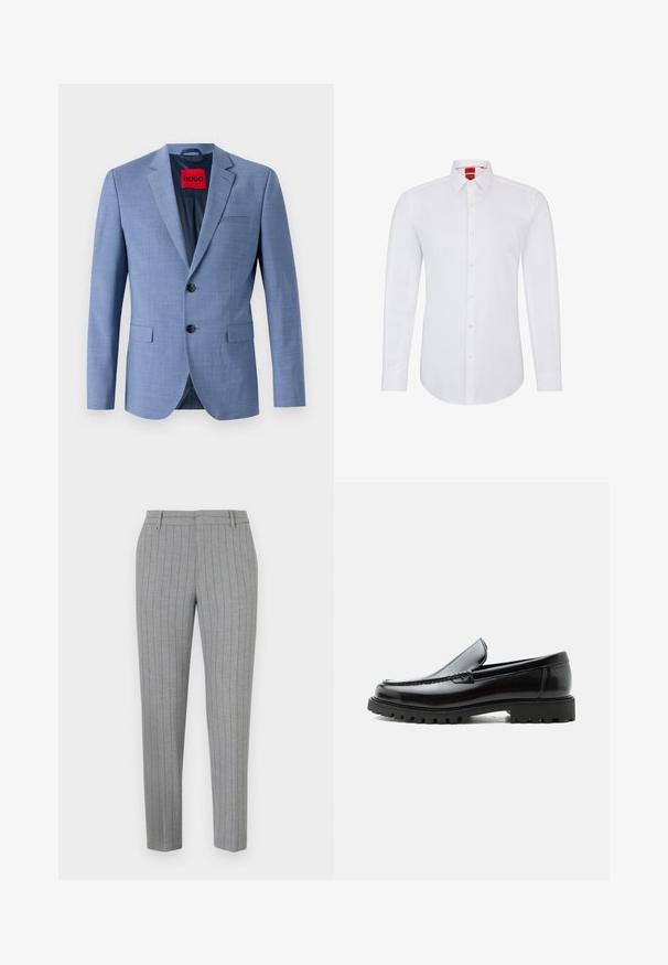 Blazer azul claro hecho de tejido texturizado, con dos botones negros, un bolsillo en el pecho y una etiqueta de marca roja en el interior del cuello.; Camisa blanca de manga larga con cuello, que presenta un cierre frontal de botones y un tejido suave y liso. Sin patrones ni acentos visibles.; Pantalones a rayas grises con un ajuste entallado, frente plano y bolsillos laterales. Fabricados con una tela suave y un brillo sutil.; Mocasín de cuero negro con suela de goma gruesa, empeine cosido y nombre de la marca en relieve en el talón, mostrado en perfil lateral sobre fondo blanco.
