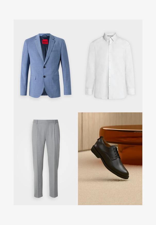 Helles blaues Blazer aus strukturiertem Stoff, mit zwei schwarzen Knöpfen, einer Brusttasche und einem roten Markenetikett im Kragen.; Weißes Hemd mit langen Ärmeln, ausgestelltem Kragen und geknöpften Manschetten, frontal auf hellgrauem Hintergrund dargestellt.; Grau zugeschnittene Hosen mit glatter Textur, flachem Frontbereich, geraden Beinen und dezenten Falten für zusätzliche Details.; Schwarzer Lederschuh mit Schnürsenkeln, schwebend über hellem beigem Teppich positioniert, orangefarbener runder Tisch im Hintergrund.