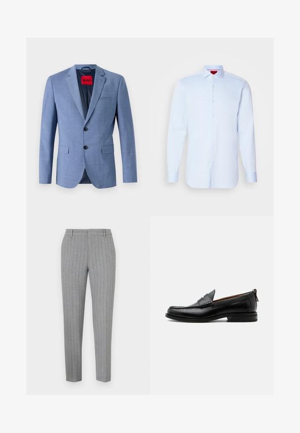 Helles blaues Blazer aus strukturiertem Stoff, mit zwei schwarzen Knöpfen, einer Brusttasche und einem roten Markenetikett im Kragen.; Helleblaue Langarmbluse mit Button-Down-Kragen, abgerundetem Saum und weißen Knöpfen. Glattes Material mit einem subtilen Glanz.; Graue Nadelstreifenhose mit tailliertem Schnitt, flacher Front und Seitentaschen. Hergestellt aus einem glatten Stoff mit einem dezenten Glanz.; Schwarzer Leder-Herrenschuh mit Mokassinnaht, Penny-Riemen, strukturiertem Kragen und niedrigem gestapeltem Absatz auf weißem Hintergrund.