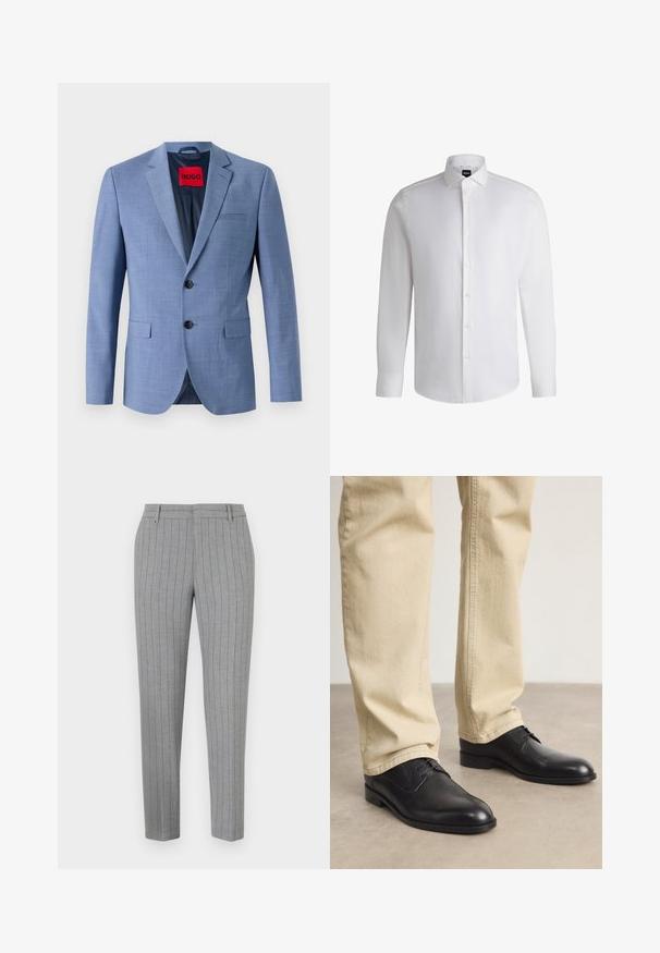 Blazer azul claro hecho de tejido texturizado, con dos botones negros, un bolsillo en el pecho y una etiqueta de marca roja en el interior del cuello.; Camisa blanca de manga larga hecha de algodón suave, con un cuello clásico, botonera completa y puños abotonados. Diseño minimalista.; Pantalones a rayas grises con un ajuste entallado, frente plano y bolsillos laterales. Fabricados con una tela suave y un brillo sutil.; Zapatos de cuero negro con cordones, puntera redondeada, acabado suave y sutiles detalles de costura, combinados con pantalones de color beige claro.