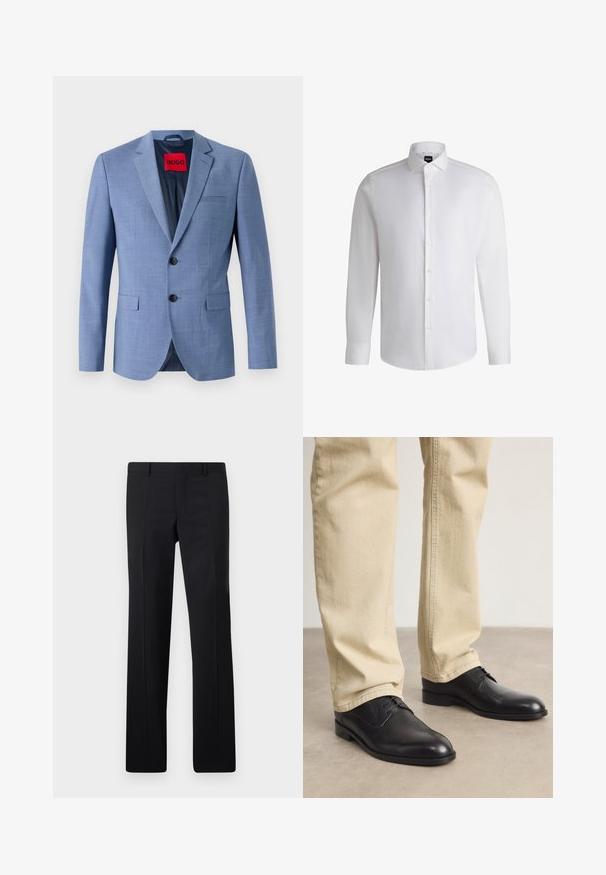 Helles blaues Blazer aus strukturiertem Stoff, mit zwei schwarzen Knöpfen, einer Brusttasche und einem roten Markenetikett im Kragen.; Weißes Langarmhemd aus glattem Baumwollstoff, mit klassischem Kragen, durchgehender Knopfleiste und geknöpften Manschetten. Minimalistisches Design.; Schwarze maßgeschneiderte Hose mit geradem Schnitt, scharfen Falten und glatter Oberfläche. Hergestellt aus leichtem Stoff mit einem sauberen Bund.; Schwarze Leder Schnürschuhe mit runder Zehenform, glatter Oberfläche und dezenten Nähdetails, getragen mit hellbeigen Hosen.