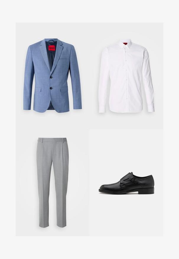 Lyseblå blazer lavet af struktureret stof, med to sorte knapper, en brystlomme og en rød mærkeetiket indeni kraven.; Hvid skjorte med lange ærmer, knap-front og klassisk krave, fremstillet i en blød bomulds kvalitet.; Grå skræddersyede bukser med en glat tekstur, som har en flad front, lige ben og diskrete folder for ekstra detalje.; Sort læderherresko med dobbelte spænder, slank silhuet og rund tå. Har en lav hæl og glat tekstur.