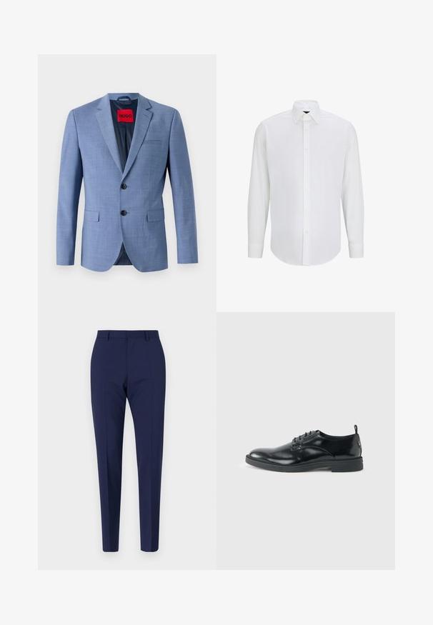 Blazer bleu clair en tissu texturé, avec deux boutons noirs, une poche poitrine et une étiquette de marque rouge à l'intérieur du col.; Chemise blanche à manches longues en tissu lisse, avec un col standard, une fermeture à boutons à l'avant et un ourlet arrondi. Pas de motifs ni d'accents visibles.; Pantalon ajusté bleu marine, avec une coupe slim, présentant une texture lisse, un devant plat et des jambes pliées. Pas de poches visibles ni d'embellissements.; Chaussure habillée en cuir noir brillant avec un petit talon, fermeture à lacets et bout rond, vue de côté sur un fond uni et clair.
