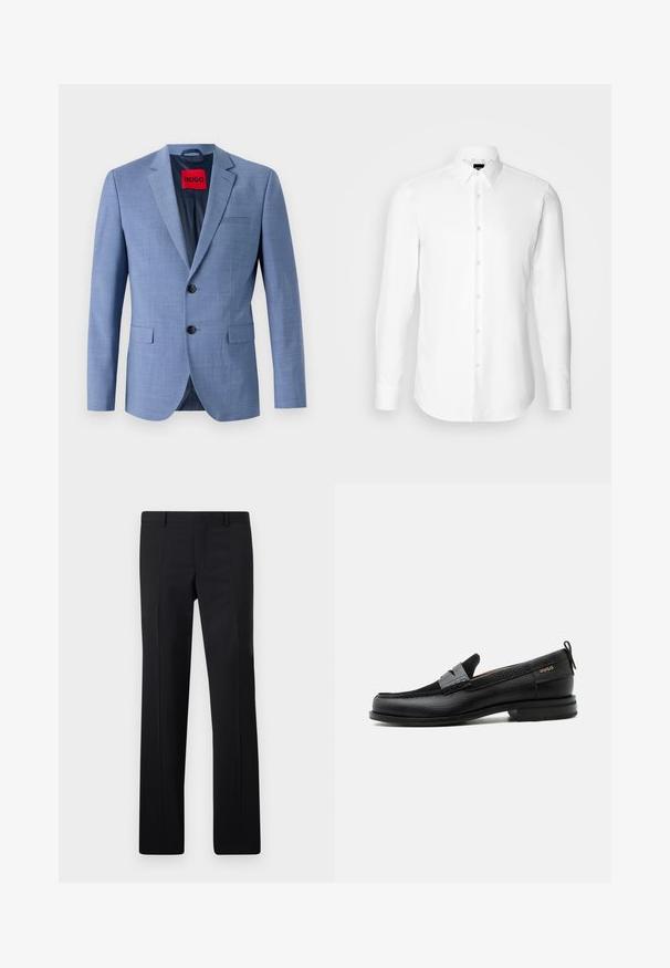 Blazer azul claro hecho de tejido texturizado, con dos botones negros, un bolsillo en el pecho y una etiqueta de marca roja en el interior del cuello.; Camisa blanca de manga larga, con cierre de botones en el frente, cuello clásico, confeccionada con una tela suave con una textura sutil, diseñada para un ajuste entallado.; Pantalones negros ajustados con un diseño de pierna recta, pliegues marcados y un acabado suave. Fabricados en tejido ligero con una cintura limpia.; Mocasín de cuero negro con detalle de tira gris, tacón bajo y suela texturizada, con la marca "HUGO" en oro en el lateral.