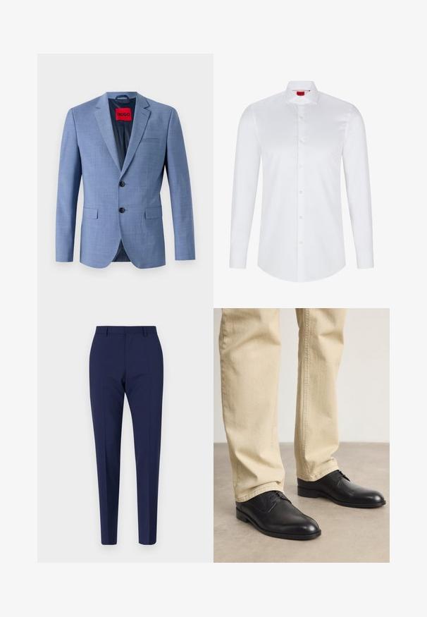Helles blaues Blazer aus strukturiertem Stoff, mit zwei schwarzen Knöpfen, einer Brusttasche und einem roten Markenetikett im Kragen.; Weißes langärmliges Hemd mit Knopfleiste, hergestellt aus glattem Baumwollstoff. Verfügt über einen klassischen Kragen, eine durchgehende Knopfleiste und einen abgerundeten Saum.; Marineblau maßgeschneiderte Hose mit schlanker Passform, die eine glatte Textur, einen flachen Vorderteil und gepolsterte Beine aufweist. Keine sichtbaren Taschen oder Verzierungen.; Schwarze Leder Schnürschuhe mit runder Zehenform, glatter Oberfläche und dezenten Nähdetails, getragen mit hellbeigen Hosen.