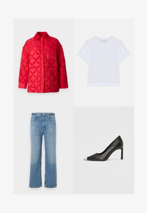 Veste matelassée rouge avec un col, fermeture à boutons-pression et une poche à l'avant. Texture lisse et brillante.; T-shirt blanc court en coton doux, avec un col rond et des manches courtes, d'ajustement légèrement décontracté. Pas de motifs ni d'accents.; Jean en denim bleu clair avec une coupe droite, doté d'une taille haute, de cinq poches et d'une finition classique légèrement délavée.; Chaussure à talon haut en cuir noir avec bout pointu et capuchon argenté métallique. Présente une finition lisse et un talon fin de 10 cm.