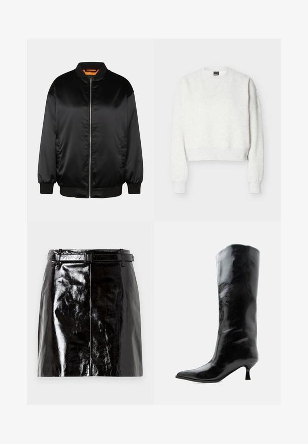 Chaqueta bomber negra hecha de satén suave, con cierre de cremallera en la parte delantera, puños y dobladillo acanalados, y un forro naranja. Diseño clásico y minimalista.; Sudadera corta gris claro con cuello redondo, mangas largas y puños y dobladillo acanalados.; Mini falda de cuero negro brillante con un cinturón a juego y detalles de costura central.; Bota negra de cuero brillante hasta la rodilla con punta puntiaguda y tacón bajo curvado sobre un fondo claro y liso.