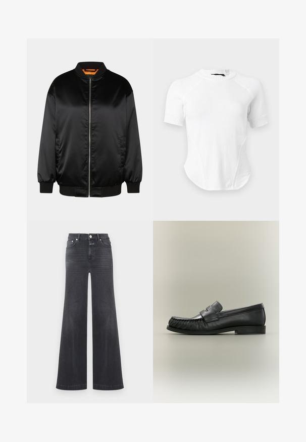 Schwarze Bomberjacke aus glattem Satin, mit Reißverschluss vorn, gerippten Bündchen und Saum sowie einer orangefarbenen Fütterung. Klassisches und minimalistisches Design.; Weißes Kurzarm-Strickoberteil mit geripptem Rundhalsausschnitt und Ärmeln, mit einem glatten Stoffkörper und leicht geschwungenem Saum.; Dunkelgraue, hochtaillierte Jeans mit weitem Bein, fünf Taschen, Knopfverschluss und dezenten Verwaschungen an den Vorderseiten der Oberschenkel.; Schwarzer Leder-Pennyloafer mit gerafftem Zehdetail und niedrigem gestapeltem Absatz, seitlich auf neutralem Hintergrund betrachtet.
