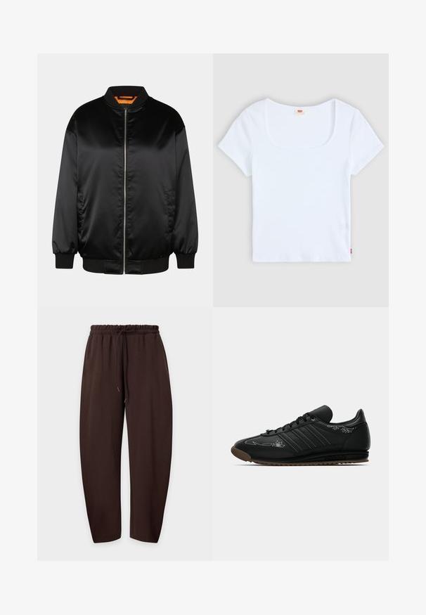 Schwarze Bomberjacke aus glattem Satin, mit Reißverschluss vorn, gerippten Bündchen und Saum sowie einer orangefarbenen Fütterung. Klassisches und minimalistisches Design.; Weiße kurzärmelige Bluse mit quadratischem Ausschnitt, aus geripptem Stoff. Mit einem kleinen roten Logoschild auf der unteren linken Seite.; Braune Freizeithose mit elastischem Bund und Kordelzug, flach auf einem hellen Hintergrund dargestellt.; Schwarze Adidas-Ledersneaker mit weißen gestickten Details, schwarzen Schnürsenkeln, brauner Gummisohle und den charakteristischen drei Streifen an der Seite.