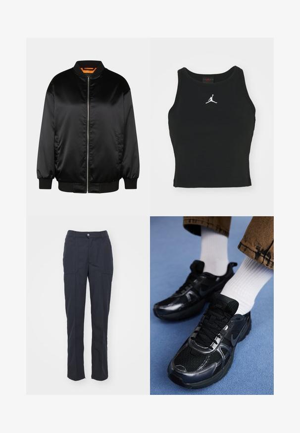 Chaqueta bomber negra hecha de satén suave, con cierre de cremallera en la parte delantera, puños y dobladillo acanalados, y un forro naranja. Diseño clásico y minimalista.; Top ajustado negro de algodón, con un escote redondo y un logo de Jordan blanco bordado en el centro del frente. Textura suave.; Pantalones oscuros de color marino con corte recto, que cuentan con dos bolsillos frontales, cierre de botón y una textura de tela suave.; Zapatillas Nike negras con materiales de malla y sintéticos, con parte superior texturizada, cordones negros y suelas de goma duraderas. Calcetines blancos acanalados visibles.