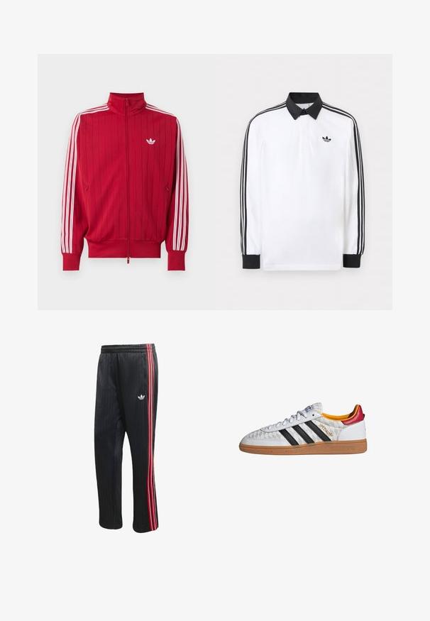 Rød trackjakke med lynlås med hvide Adidas tre striber ned langs ærmerne og lille hvid trefoil-logo på venstre bryst.; Hvid langærmet polo med sort krave, sorte manchetter, sort tre-stribet design på ærmerne og sort Adidas-logo på brystet.; Sorte træningsbukser med lodret ribbet tekstur, der har røde og hvide sidelommer og en lille hvid logo på venstre ben.; Hvid Adidas Spezial sneaker med sorte striber, gummisål, quiltet mønster, rød hælflap og gul inderfor, set fra siden.