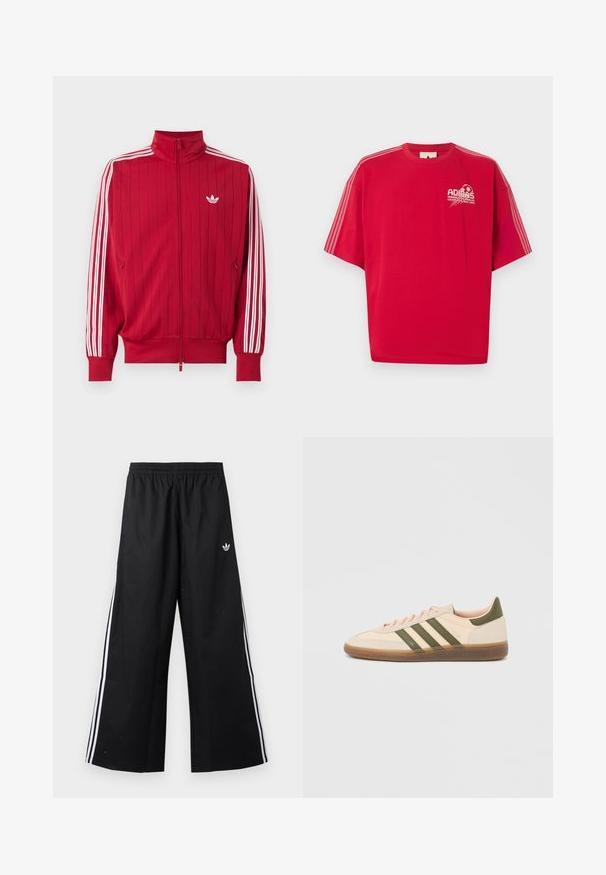 Rød trackjakke med lynlås med hvide Adidas tre striber ned langs ærmerne og lille hvid trefoil-logo på venstre bryst.; Rød Adidas T-shirt med korte ærmer, hvidt logo og fodboldgrafik på venstre bryst samt tre hvide striber ned ad hvert ærme.; Svarte vidde træningsbukser med elastisk talje, hvide sidelommer og lille Adidas trefoil-logo på højre hofte.; Beige Adidas Spezial sneaker med lav profil, grønne striber, gummisål og "SPEZIAL"-branding på siden, vist fra ydersiden.