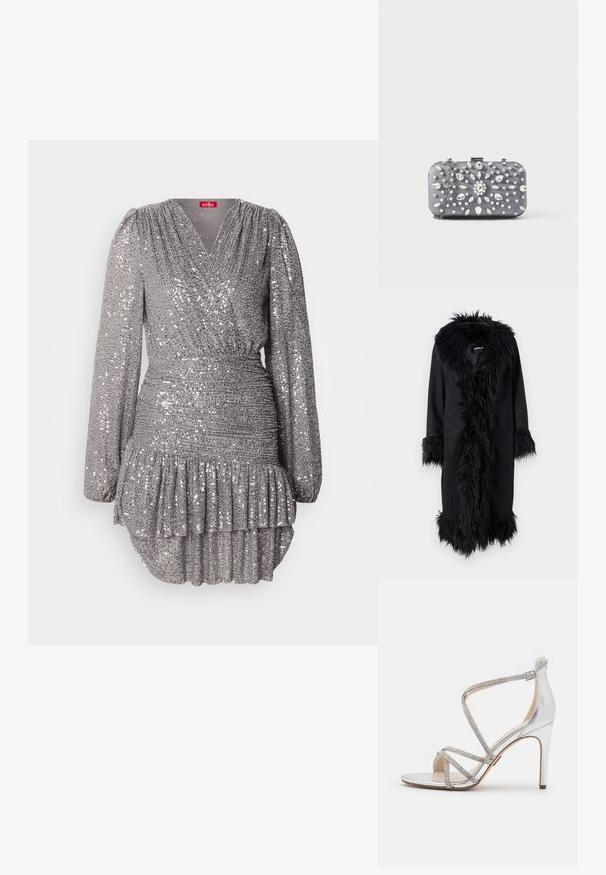 ONLY ONLVIENNA SUEDE COAT - Manteau classique - black; Robe grise ornée de sequins avec des manches longues, décolleté en V, taille froncée et ourlet à volants. La texture scintillante accentue le détail visuel et l'élégance.; Sandale à talon haut argentée avec fines lanières en strass croisant sur les orteils et autour de la cheville, avec une fermeture à boucle latérale.; Petit sac pochette rectangulaire gris foncé orné de strass clairs disposés en motif rayonnant, avec une bandoulière chaîne argentée.