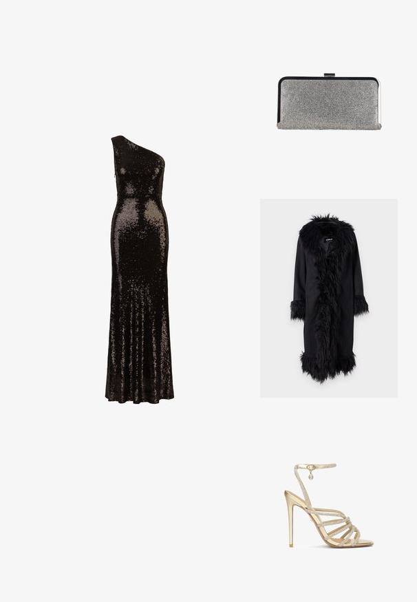 ONLY ONLVIENNA SUEDE COAT - Manteau classique - black; Robe noire à une épaule recouverte de sequins, silhouette ajustée avec un bas évasé, texture lisse, design longueur sol et fermeture à glissière discrète.; Sandales à talons hauts dorées avec plusieurs brides ornées de cristaux et une sangle de cheville, présentant une finition métallique lisse et un bout pointu.; Pochette rectangulaire argentée couverte de petits strass avec un cadre en métal noir et argenté et une fermeture à clip.