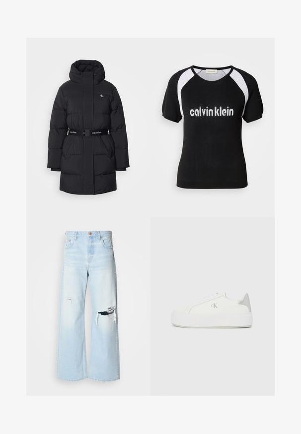 Zwarte pufferjas met een capuchon, voorzien van een riem met Calvin Klein-logo, klassieke gevoerde structuur en een rechte snit met een hoge kraag.; Zwart gebreid T-shirt met korte mouwen en witte raglanmouwen. Voorzien van de tekst "calvinklein" in het wit over de borst. Ronde halslijn. Zachte textuur.; Lichtblauwe wijde jeans van denim, met een hoge taille, grote scheuren bij de knieën en een klassieke vijf-pocket stijl met koperen details.; Witte canvas sneakers met een dikke witte zool, voorzien van een metallic zilveren accent op de hiel en een subtiel logo detail aan de zijkant.