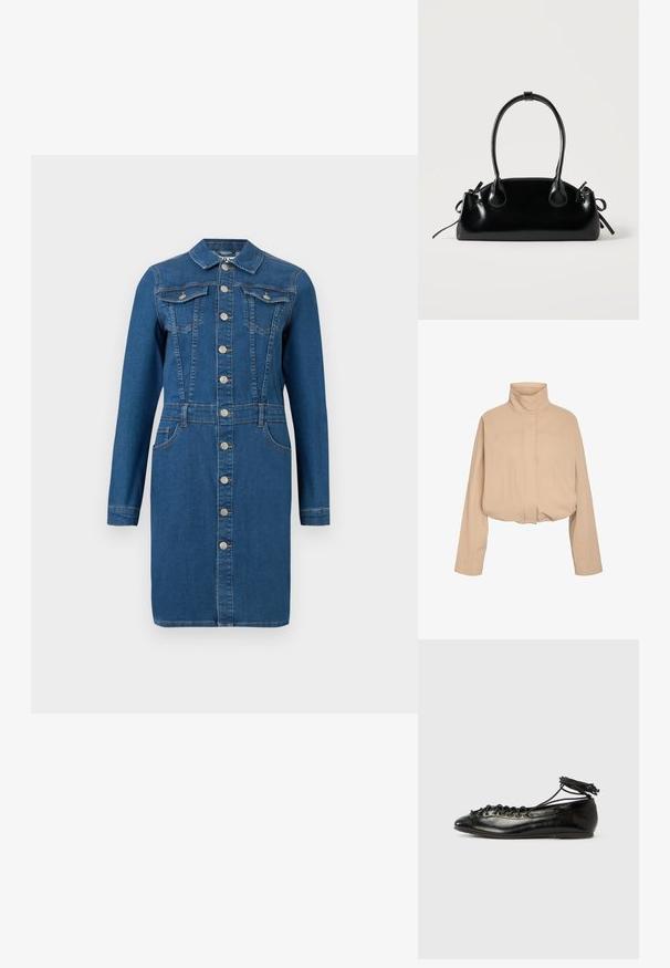 Beige värinen lyhyt takki, jossa on korkea kaulus, pitkät hihat ja piilotettu etulista, esitetty valkoisella taustalla.; Sininen denimi pitkähihainen mekko, jossa kaulus, etukappaleen napitus, rinta- ja lompakkotaskut sekä vyötäröllä muotoilevat ompeleet.; Musta kiiltäväpäällysteiset balettitossut, joissa pyöreä kärki, nauhallinen malli ja litteä pohja. Sileä pinta, jossa vähän yksityiskohtia.; Pieni musta kiiltävä käsilaukku, jossa on kaksi pitkää kantokahvaa ja sivulla nyöritys yksityiskohtia yksinkertaisella vaalealla taustalla.