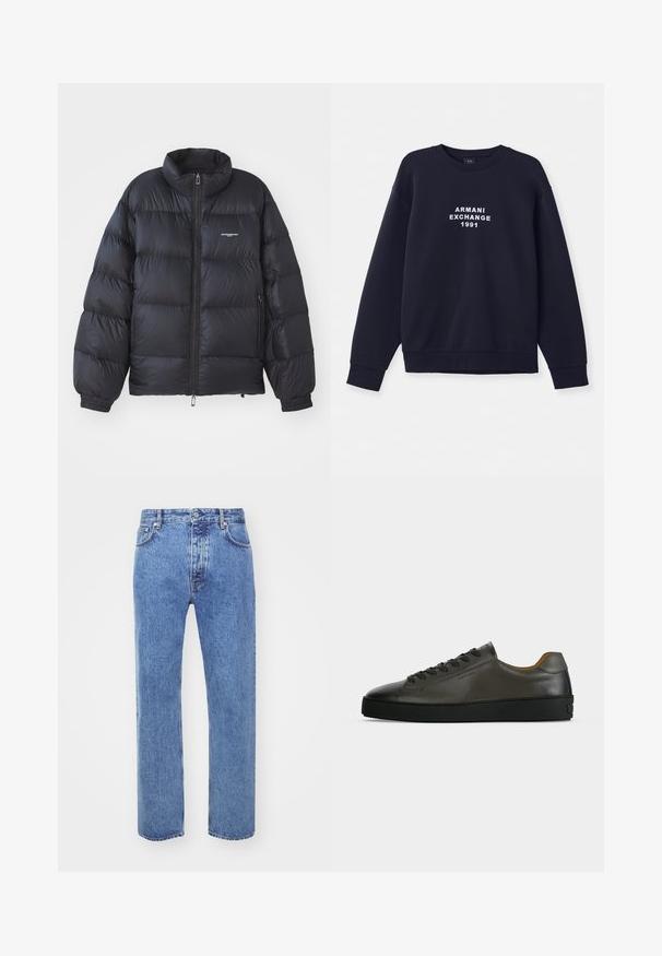Schwarze Puffjacke mit hohem Kragen, Reißverschluss, elastischen Bündchen und einem Logo auf der Brust. Glattes, glänzendes Material mit gepolstertem Design.; Navyblaue Sweatshirt mit langen Ärmeln, runder Halsöffnung und gerippten Bündchen. Mit weißem "ARMANI EXCHANGE 1991" Logo, das auf der Vorderseite gedruckt ist.; Won Hundred STEVE - Jeans Relaxed Fit - cut blue; Niedriger dunkelgrauer Ledersneaker mit schwarzen Schnürsenkeln und Sohle, minimalistisches Design, Seitenprofil vor einem schlichten hellen Hintergrund.