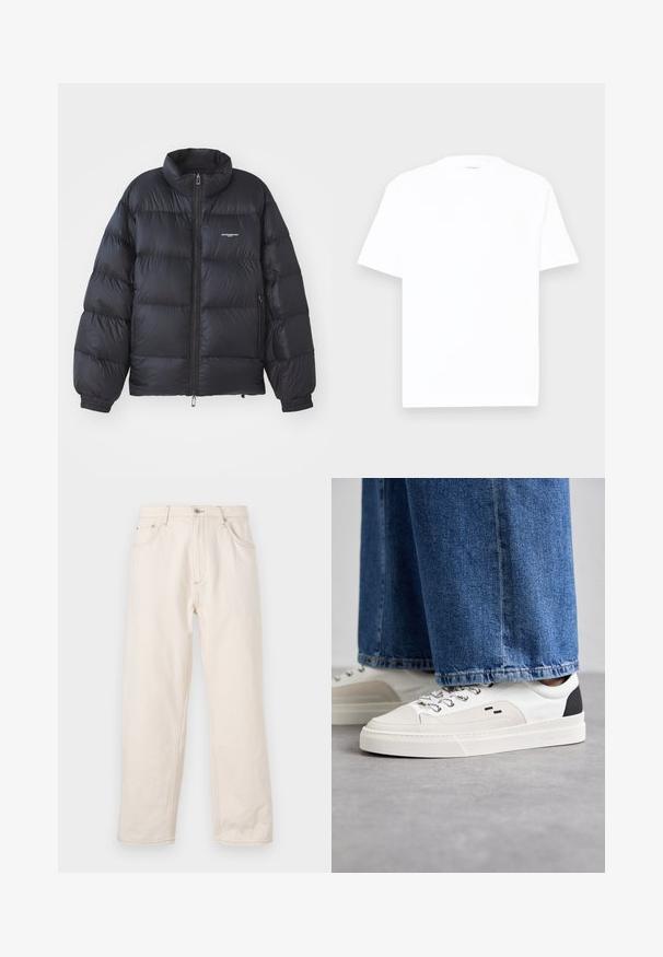Veste en duvet noire avec col haut, fermeture éclair, poignets élastiques et logo sur la poitrine. Matériau lisse et brillant avec un design rembourré.; T-shirt en coton blanc avec un col rond, des manches courtes et une coupe décontractée. Texture lisse, détails minimaux, sans motifs ni graphiques.; Jean droit beige en denim, avec une fermeture à boutons, cinq poches et des détails de couture visibles. Texture lisse.; Baskets blanches et noires avec une tige en cuir lisse, des accents texturés et une semelle épaisse blanche. Présentent un design classique à lacets.