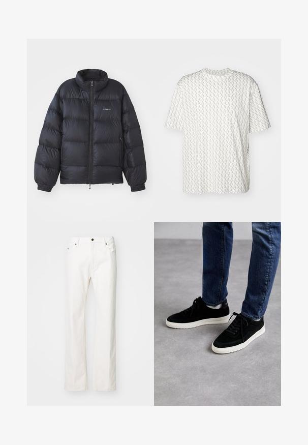 Schwarze Puffjacke mit hohem Kragen, Reißverschluss, elastischen Bündchen und einem Logo auf der Brust. Glattes, glänzendes Material mit gepolstertem Design.; Weißes T-Shirt mit einem wiederholenden grauen "A"-Muster, kurzen Ärmeln, Rundhalsausschnitt und lockerer Passform. Hergestellt aus weichem Material.; Weiße Jeans mit geradem Bein, ausgestattet mit einem Fünf-Taschen-Design, einem Metallknopfverschluss und minimalen Nähten.; Schwarze Wildledersneaker mit einer weißen Gummisohle, die ein klassisches Low-Top-Design, eine abgerundete Spitze und flache schwarze Schnürsenkel aufweisen.