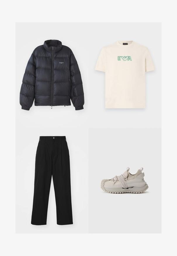 Sort pufferjakke med høj krave, lynlås i front, elastiske cuff-kanter og et logo på brystet. Glat, shiny materiale med polstret design.; Cremefarvet T-shirt med korte ærmer, grøn "EVA"-tekst og en ørnlogo broderet på brystet, rund hals, fladt lagt på hvid baggrund.; Sorte bukser med brede ben lavet af letvægtsstof. Med knaplukning, frontfolder og to sidelommer.; Lys grå sneakers med en tekstureret sål, elastiske stropper og en polstret ankel. Designet med en afrundet tå og et minimalistisk silhuet.