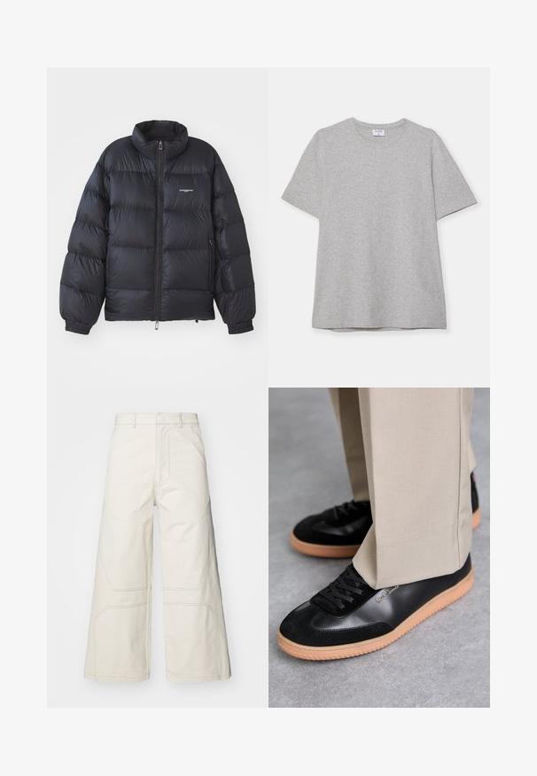Schwarze Puffjacke mit hohem Kragen, Reißverschluss, elastischen Bündchen und einem Logo auf der Brust. Glattes, glänzendes Material mit gepolstertem Design.; Graues T-Shirt mit kurzen Ärmeln aus weichem, strukturiertem Stoff. Verfügt über einen klassischen Rundhalsausschnitt und einen geraden Saum, geeignet für legere Trageanlässe.; A-COLD-WALL* FORMAT PANT - Stoffhose - beige bone; Paul Smith COMO - Sneaker low - black