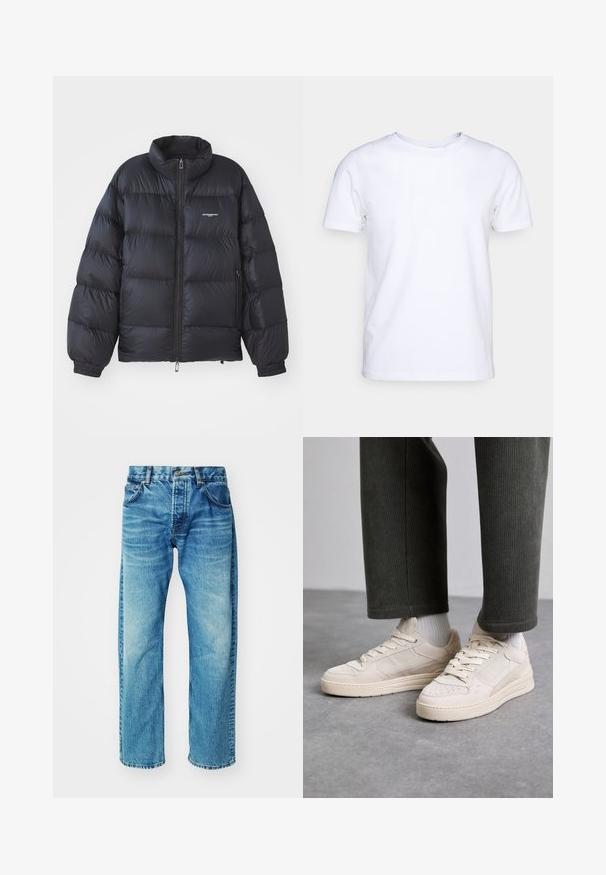 Sort pufferjakke med høj krave, lynlås i front, elastiske cuff-kanter og et logo på brystet. Glat, shiny materiale med polstret design.; Hvid kortærmet t-shirt i bomuldsstof med rund halsudskæring. Enkel design uden mønstre eller detaljer. Glat tekstur.; Blå denimjeans med en afslappet pasform, der har fem lommer, en knaplukning og en subtil falming med en let, frayed kant.; Beige sneakers lavet af ruskind og mesh, med perforerede detaljer, flade snørebånd og en tykk sål. Båret med grønne fløjlbukser.
